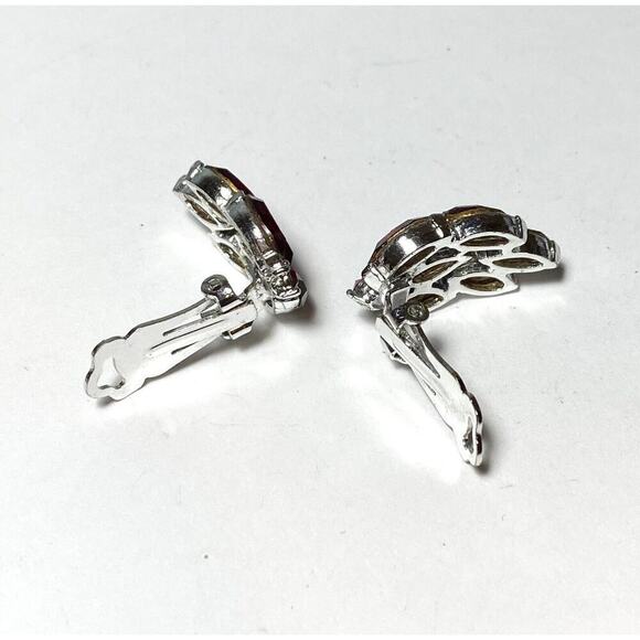 Vintage Earrings Crystal Glass Red Wine Clips Clip Ons Silver Tone Estate - Picture 13 of 15